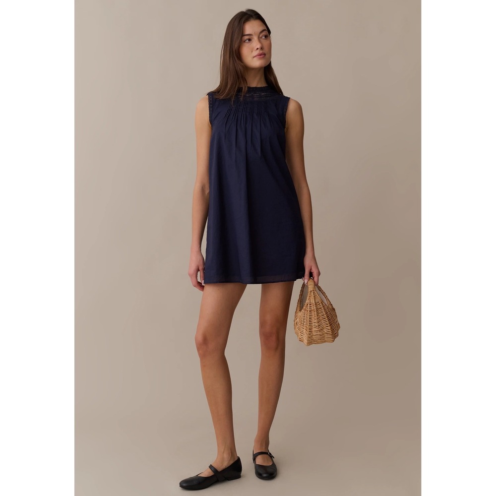 Sorella Atelier Tally Navy Blue Cotton Lace Trim Sleeveless Shift Mini Dress S